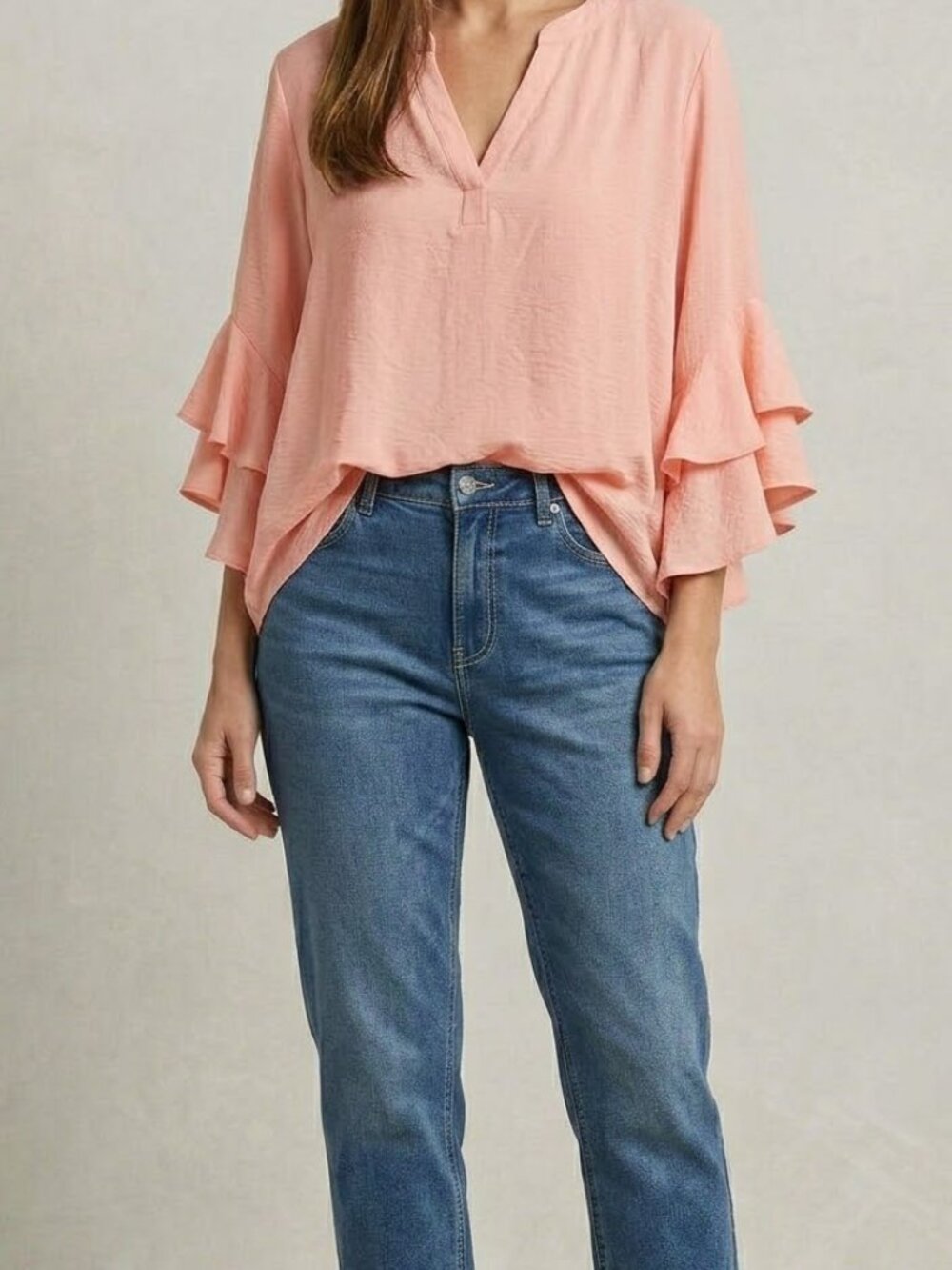 Pink Tiered Ruffle Bell Sleeve Notch Neck Blouse - Size 2XL